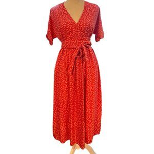 Urban Outfitters Women's Size S-P Wrap Dress Midi Red/Orange Floral 2 Pockets